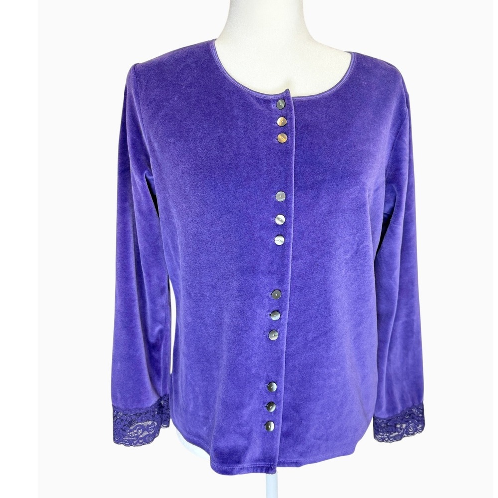 J Jill Womens M Purple Velour Button Front Cardigan Lace Cuffs Vintage Soft